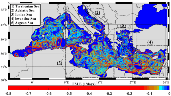 Carte des FSLE sur la mer Méditerranée complète à une date prédéfinie, visualisant la distribution des structures océaniques  (d'après [Bouzaiene et al., 2020])