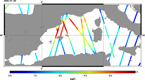 Mesures de hauteur significative de vagues issues de tous les altimètres le 2020/01/20  (données EU Copernicus Marine Service, tracées par Aviso ).