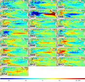 El Niño / La Niña: Maps of Sea Level Anomalies on Novembers each year since 1993