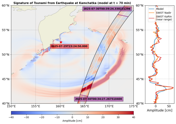 Map of simulation of Tsunami 1 h 10 min after earthquake, with Swot swath (left), model, Swot KaRIn and Swot nadir data over the satellite ground track (right). (Credits: A. Deniau & F. Nencioli for the Swot data processing & the plot, A. Ruiz-Angulo & C. de Marez for the wave propagation model)