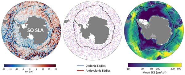 Sea level anomaly datasets and eddy detection on 2017/09/01, Eddy Kinetic Energy in the Southern Ocean (The black dashed line is the −1,000 m isobath. The bold black line is the limit of the subpolar Southern Ocean, defined here as the −180 cm MDT contour) (modified from [Auger et al., 2023])