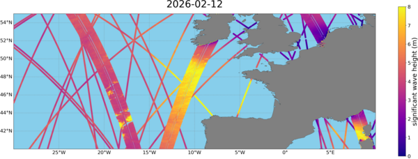 Significant wave heights from all currently available altimeters (including Swot KaRIn) on 2026/02/12 (storm Nils). The storm crossed the Southwest of France and arrived in the Mediterranean Sea, with high waves detected North of Corsica. (Credit Cnes/CLS) see the animation over the period 09-21 Feb. 2026 on https://youtu.be/zt-COx0_jaY