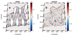 Swot captures small structures previously elusive to nadir altimetry. (a) Swot vorticity derived from the SSH using the geostrophic assumption between 20 and 24 August 2023. (b) Gridded nadir altimetry geostrophic vorticity on 22 August 2023. Note the different color scales. from [Rolland et al. 2026].