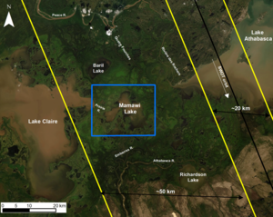 Lake Mamawi with Swot swath (track #303) and neighbouring lakes (credit U. Sherbrooke)