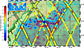 Traces au sol des missions altimétriques Copernicus Sentinel-6B et Sentinel-6 Michael Freilich (respectivement S6B et S6MF représentées par des lignes épaisses), montrant le Gulf Stream dans l'océan Atlantique Nord au large des côtes des États-Unis. Les couleurs le long des trajectoires indiquent la hauteur de mer par rapport à une moyenne à long terme : le rouge indique une hauteur de mer plus élevée que la normale, le bleu indique une hauteur plus basse que la normale. La connaissance du système de courants du Gulf Stream est importante tant pour le routage des navires que pour la pêche. L'image d'arrière-plan montre une carte mondiale des anomalies de hauteur de mer basée sur les données altimétriques satellitaires produites par le service Copernicus Marine pour le 26 novembre 2025. Toutes les trajectoires altimétriques affichent les données collectées le même jour. Image illustrative et non destinée à un usage opérationnel. Image : contient des données Copernicus Sentinel modifiées (2025), traitées par Eumetsat.