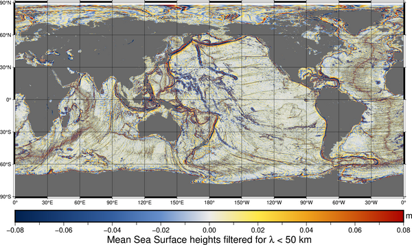 Cnes-CLS2022 mean sea surface filtered for wavelengths under 50 km (i.e. small features on the surface). The undersea reliefs are clearly visible (usually masked mostly by larger features of the geoid or at a lesser scale, mean dynamic topography's) (Credits Cnes/CLS, figure Aviso).