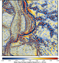 Cnes-CLS2022 mean sea surface filtered for wavelengths under 50 km on the Marianna's trench area (Credits Cnes/CLS, figure Aviso).