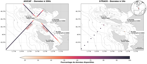 Pourcentages de données disponibles dans les produits AltiCap et X-Track dans les Pertuis charentais (crédits La Rochelle Université)