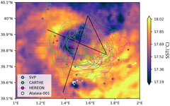 Trajectories of the drifting buoys on May 3rd, 2023. The drifting buoys are circling around a submesoscale eddy visible on the SST map (Credit Imedea/Socib; SST data EU Copernicus Marine Service). Trajectories of the drifting buoys on May 3rd, 2023. The drifting buoys are circling around a submesoscale eddy visible on the SST map (Credit Imedea/Socib; SST data EU Copernicus Marine Service).