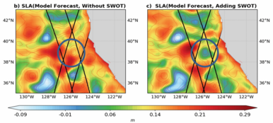 Model forecast (6-day) of Sea Level Anomalies over the California Current on 2023/11/14. Left the model with no Swot assimilation, right with Swot (credit Mercator Ocean International)