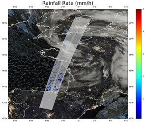 Rain rate on 2026/02/19 (Storm Pedro), from the future Swot rain L3 product, overlaid on Meteosat imagery (Credit Cnes/CLS/Fluctus)