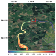 SSHA computed from Swot high resolution measurements over the Severn on April 19, 2023. The tidal bore is visible as an abrupt drop in the SSHA (red frame). (Credit DTU)