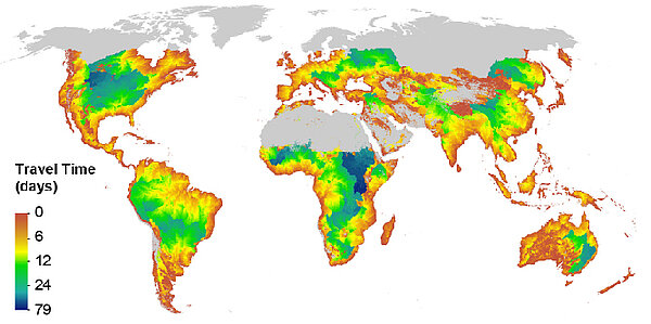 Global map of the minimum time it takes flood waves to exit the global river network