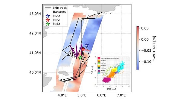 The BioSWOT-Med Sampling Region. The black line indicates the ship’s track throughout the entire cruise. The cross-front transect (purple) was conducted with a specific angular delay to track the front’s spatial evolution. Three 24-hour Lagrangian drifting stations were performed in distinct water masses: the northern mass (A2, May 7, blue star/line), the frontal zone itself (F25, May 6, red star/line), and the southern mass (B2, May 5, green star/line). Background SWOT tracks display absolute dynamic topography (m), as indicated by the color bar. The inset in the bottom right shows a representative cytogram identifying the seven phytoplankton groups detected during the cruise, plotted by side scatter (SWS, 90° light scattering) versus red fluorescence (FLR). Credit: L. Oms