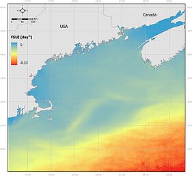 Cartes des exposants de Lyapunov de taille finie, calculés en moyenne entre mai et octobre de 2002 à 2012 dans le golfe du Maine et sur le plateau de Nantucket (nord-est des États-Unis) (parmi les paramètres physiques utilisés pour calculer la probabilité d'accumulation de débris) (d'après [Le et al., 2026])