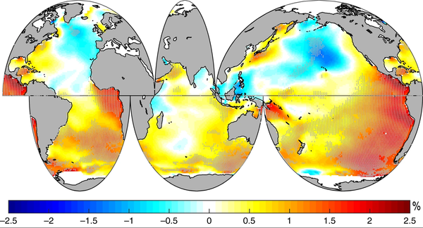 Spatial trend (percent change per year) in mean Wave Power from 1985 to 2008 (period with satellite-derived wave data). Hatched areas represent points that are statistically significant at the 95% confidence level. (Credits IH Cantabria)