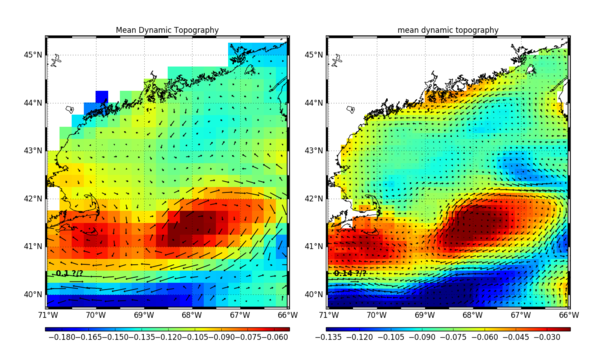 La nouvelle topographie dynamique moyenne (CNES_CLS18, à droite) et la précédente (CNES_CLS13 à gauche) dans le golfe du Maine. Le courant le long de la côte est bien plus visible (Crédits CLS)