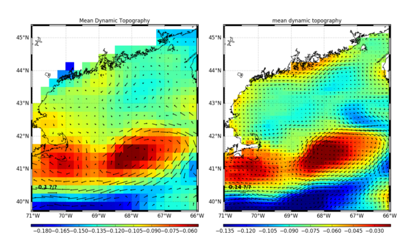 New (CNES_CLS18, right) and old (CNES_CLS13, left) MDT heights in the Gulf of Maine. The current along the coast is much better resolved (Credit CLS)