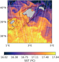 SST situation map of the FaSt-Swot campaign on April 21, 2023, with the two Swot wide-swaths (delimited by the white parallel lines) and the study area (white box) (Credit Imedea/Socib; SST data: EU Copernicus Marine Service) SST situation map of the FaSt-Swot campaign on April 21, 2023, with the two Swot wide-swaths (delimited by the white parallel lines) and the study area (white box) (Credit Imedea/Socib; SST data: EU Copernicus Marine Service)