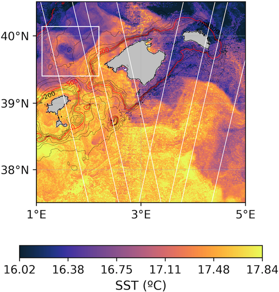 SST situation map of the FaSt-Swot campaign on April 21, 2023, with the two Swot wide-swaths (delimited by the white parallel lines) and the study area (white box) (Credit Imedea/Socib; SST data: EU Copernicus Marine Service)