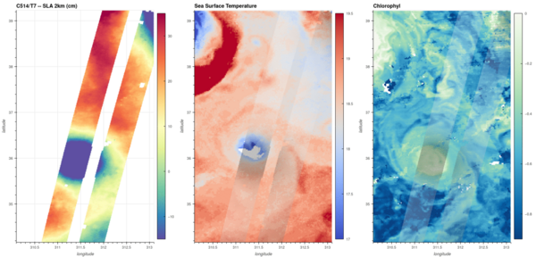 Left panel Swot Sea Surface Height Anomalies (2 km) over the North-West Atlantic region on February 4, 2023. Sea Surface Temperature (middle panel) and Chlorophyll-A (right panel) maps over the same region. Left panel Swot Sea Surface Height Anomalies (2 km) over the North-West Atlantic region on February 4, 2023. Sea Surface Temperature (middle panel) and Chlorophyll-A (right panel) maps over the same region (Credits Cnes/CLS/JPL for Swot data (L3 product), Copernicus Marine Service for SST data, CLS for Chlorophyll-A data)