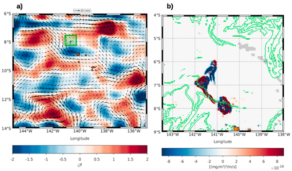 Vorticité calculée à partir des courants à la date de chacun des épisodes détectés, et frontogénèse calculée à partir des gradients de chlorophylle A (intensification du gradient en rouge, relaxation en bleu), et contours FSLE de 0.5 ou 0.4 /jour en vert, mettant en évidence le front entraîné par la convergence des flux (Crédits Ifremer/IRD)