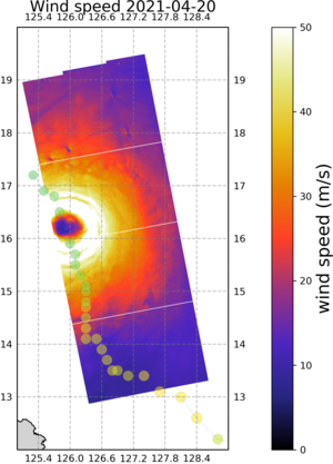  SAR-derived winds speeds (areas) and typhoon track on April 20, 2021. The sustained speed retrieved from the SAR surface roughness were over 65 m/s that day; see the Animation from April 16 to 24 by clicking on the image (SAR winds: CYMS project (CLS/Ifremer for ESA), typhoon track from Japan Meteorological Agency Best Track Data)