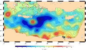 Les anomalies de hauteurs de mer révèlent le tourbillon de Iérapétra en Mer Méditerranée.