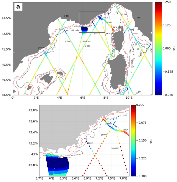 Carte de la vitesse moyenne du courant dérivée des données ADCP, du glider, du radar HF et de l'altimétrie sur la période mars 2013-octobre 2014. bas, zoom sur le nord de la mer Ligure (rectangle noir indiqué au panneau a).  Les vitesses de courant sont positives (resp. négatives) à droite (resp. à gauche) de la trajectoire du navire, du glider ou du satellite. La combinaison de toutes ces observations met en évidence la continuité du courant de la côte italienne jusqu'à la côte espagnole. (Crédits Legos)