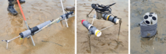 Sensors, from left to right: ADV (current), Altus and pressure sensor (topography and water height), ADCP (3D current) (credit M2C Lab, Université de Rouen).
