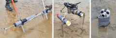 Sensors, from left to right: ADV (current), Altus and pressure sensor (topography and water height), ADCP (3D current) (credit M2C Lab, Université de Rouen). Sensors, from left to right: ADV (current), Altus and pressure sensor (topography and water height), ADCP (3D current) (credit M2C Lab, Université de Rouen).