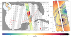 Swot swath over the Gulf of Mexico during the development of Hurricane Milton in October 2024 (red track) (left). Detail of Sea Surface Height (SSH) from Swot and the intense cyclonic structure surrounding the eye of the hurricane, revealing extreme SSH anomalies in the core (right). (Credit: D. Vega-Giménez, Imedea)