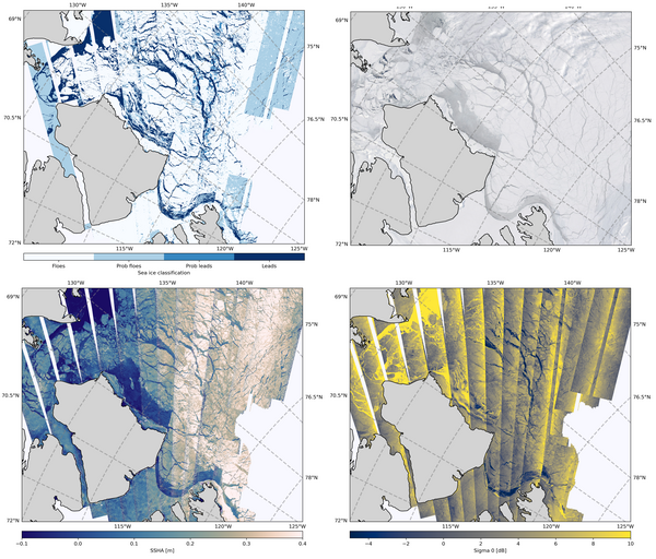 Top, sea ice classification from Swot KaRIn measurements west of Banks island : leads in dark blue, floes in white, unsure in intermediate blues (righy), true color image from the MODIS instrument acquired on 4th April 2024 (left) Bottom, SSHA (left) and sigma 0 (right) from for all the SWOT ascending passes around Banks island from March 28th to April 10th 2024 (period used for the top right classification) (Credit Legos)