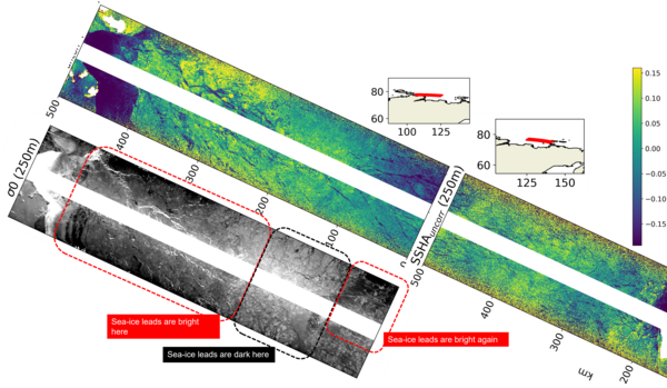Rugosité de surface KaRIn (niveaux de gris) et hauteurs d’eau déduites de l’instrument (en couleurs) près des côtes de l’océan Arctique. (Crédits Cnes/CLS/JPL)