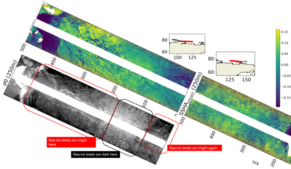 KaRIn surface roughness (grayscale) and water heights deduced from the instrument (in color) near the coast of the Arctic Ocean. (Credit Cnes/CLS/JPL)