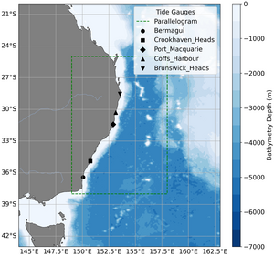 Carte de situation. La boîte verte ("parallelogram") montre la région dans laquelle les données sur le niveau de la mer sont analysées. Les marégraphes disponibles sont également indiqués. (d'après [Passaro, 2025], crédit DGFI-TUM)