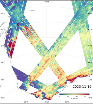 Sea level anomalies on 2023/11/16, showing the general shape of A-23a, but with low values: the iceberg is so high that KaRIn’s standard ocean processing misunderpret the measurement as a "lower than average" height. It also shows a number of artifacts. A dedicated sea-ice/icebergs processing would be needed to reflect the real height of such tabular mega-icebergs in particular, and of sea ice in general (credit Cnes/CLS/JPL)