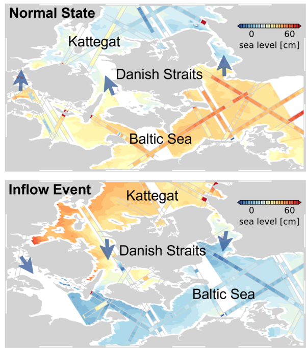 Sea level from Swot and nadir altimetry during normal state (29-30 December 2023) and at the beginning of the Major Baltic Inflow Event in 2023 (18-19 December 2023) (modified from [Esselborn et al., 2025]).