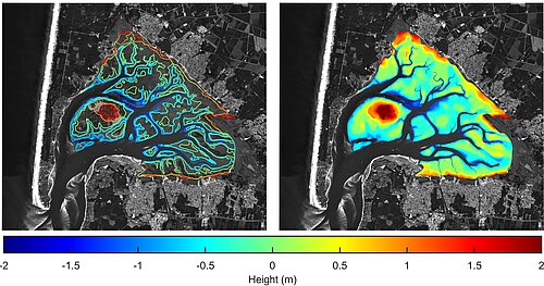 Waterline delineation in the Arcachon Bay from Swot simulated data (left), and gridded DEM deduced from it (right) (Credit University of Rouen Normandy / Legos)