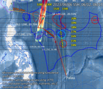 Trajectory of Cruise LGD2308 overlaid with the Swot KaRin images for June 19 (preliminary data). (Credit NYCU) Trajectory of Cruise LGD2308 overlaid with the Swot KaRin images for June 19 (preliminary data). The ship followed the swaths between June 27 and 29. Prof. Jan, utilizing his ocean dynamic model, has predicted the presence of several oceanic eddies along this route. These eddies will be scanned using oceanic sensors installed on sea gliders deployed onboard the ship. (Credit NYCU)