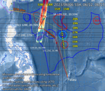 Trajectory of Cruise LGD2308 overlaid with the Swot KaRin images for June 19 (preliminary data). The ship followed the swaths between June 27 and 29. Prof. Jan, utilizing his ocean dynamic model, has predicted the presence of several oceanic eddies along this route. These eddies will be scanned using oceanic sensors installed on sea gliders deployed onboard the ship. (Credit NYCU)