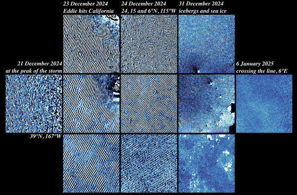 Swot sea surface height at 250 m with swell from storm Eddie at different longitudes/latitudes and stages of its propagation. Each tile is 40 x 40 km; on the left tile the dynamic range is -1 to +1 m, the others -0.1 to +0.1 m.  (Credits Ifremer / ODL)