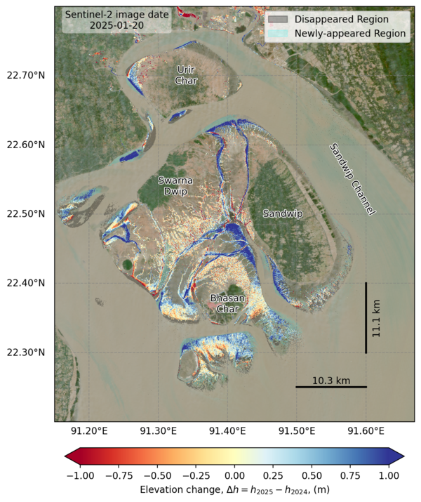 Elevation change map of intertidal regions between 2024 and 2025 derived from Swot-based intertidal topography. The underlying base map is a Sentinel-2 true color image acquired on 20 January 2025 (credit La Rochelle University, from [Yeasmin et al., 2026])