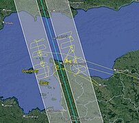 Trajectoire des vols lidar sur la trajectoire de l'orbite de Swot 1 jour à proximité de la Baie de Veys en Normandie, France (crédit M2C Lab, Université de Rouen). Trajectoire des vols lidar sur la trajectoire de l'orbite de Swot 1 jour à proximité de la Baie de Veys en Normandie, France (crédit M2C Lab, Université de Rouen).