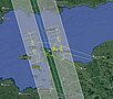 Lidar flights trajectory over the Swot 1-day orbit track in the vicinity of the Baie de Veys in Normandy, France (credit M2C Lab, Université de Rouen). Lidar flights trajectory over the Swot 1-day orbit track in the vicinity of the Baie de Veys in Normandy, France (credit M2C Lab, Université de Rouen).