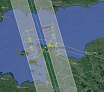 Lidar flights trajectory over the Swot 1-day orbit track in the vicinity of the Baie de Veys in Normandy, France (credit M2C Lab, Université de Rouen).