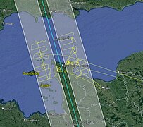 Lidar flights trajectory over the Swot 1-day orbit track in the vicinity of the Baie de Veys in Normandy, France (credit M2C Lab, Université de Rouen). Lidar flights trajectory over the Swot 1-day orbit track in the vicinity of the Baie de Veys in Normandy, France (credit M2C Lab, Université de Rouen).