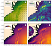 Wind, currents, and wave conditions in the Gulf Stream region during SWOT pass on 2023-09-02 at 04:13 UTC. (credit Colorado School of Mines) Wind, currents, and wave conditions in the Gulf Stream region during SWOT pass on 2023-09-02 at 04:13 UTC. (a) wind speed and direction from the ERA-5 reanalysis, with wind speed from SWOT overlayed. (b) current speed and direction (only for current faster than 0.7 ms−1) from the HYCOM model. Geostrophic currents computed from SWOT's SSH observations overlayed. (c & d) WW3 significant wave height snapshots from simulations performed (c) without (CTRL) and (d) with (CURR) current forcing. Significant wave height from SWOT is overlayed on both (c) and (d). CFOSAT observations of significant wave height (thin line) and directional wave spectrum (inset) are shown on (d). (credit Colorado School of Mines)