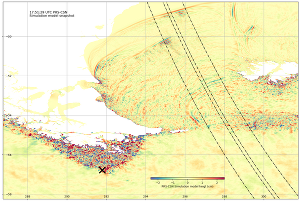 Figure 1 Simulation du tsunami du passage de Drake à 17:51:29 UTC avec la fauchée Swot représentée par des lignes pointillées Credits: M. Fuentes & A. Delepoulle.  Film de simulation complet https://prs.uchile.cl/simulacion-tsunami-de-magallanes-3-de-mayo-de-2025/