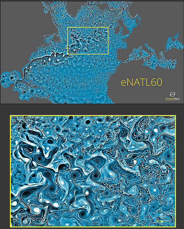 Instantanée de la moyenne horaire de la vorticité relative de surface (rotationnel du courant de surface) tirée de l'expérience en cours NEMO - eNATL60 ; en haut : domaine horizontal eNATL60 complet ; en bas : zoom sur la région encadrée en jaune sur la figure supérieure (Credits Ocean Next)